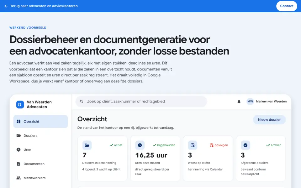 Schermafbeelding van de voorbeeldapp voor Advocaten- & Advieskantoren met fictieve gegevens