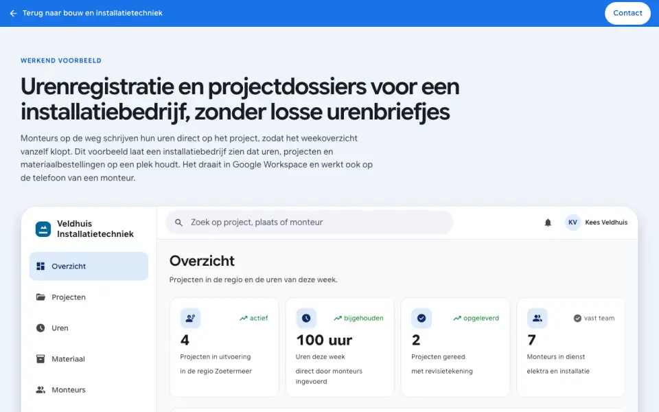 Schermafbeelding van de voorbeeldapp voor Bouw & Installatietechniek met fictieve gegevens
