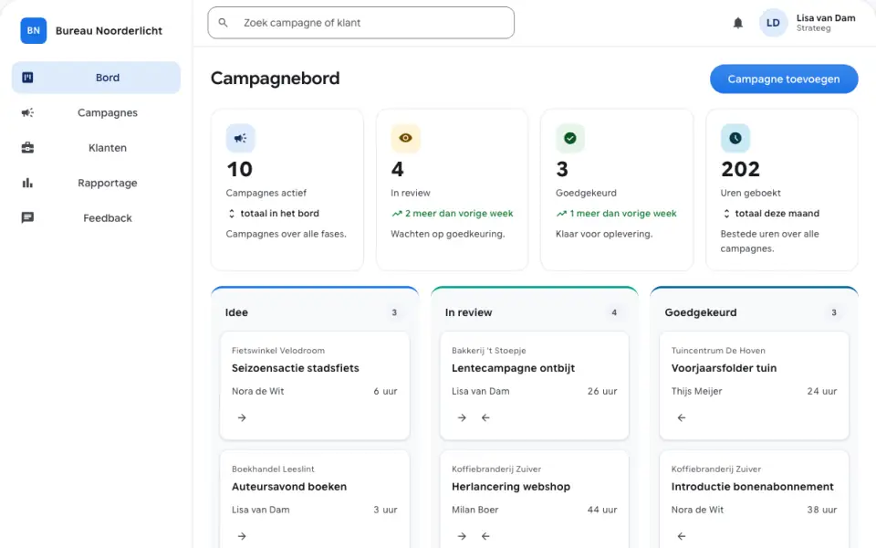 Schermafbeelding van de voorbeeldapp voor Marketing & Creatieve Bureaus met fictieve gegevens