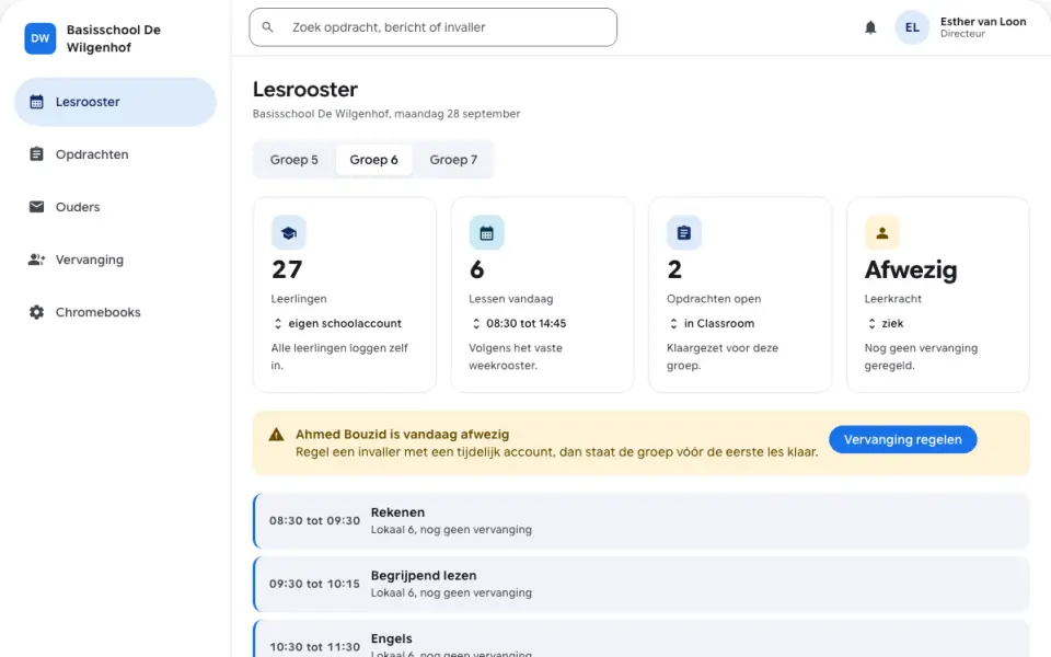 Schermafbeelding van de voorbeeldapp voor Onderwijs met fictieve gegevens