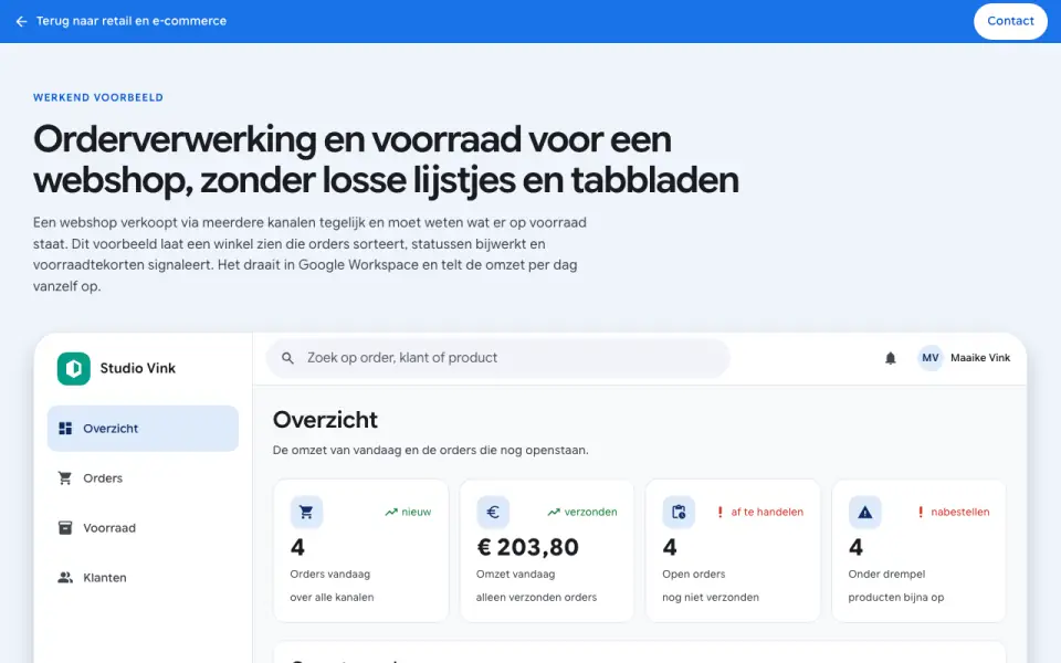 Schermafbeelding van de voorbeeldapp voor Retail & E-commerce met fictieve gegevens
