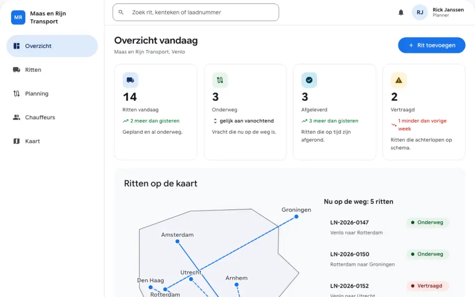 Schermafbeelding van de voorbeeldapp voor Transport, Logistiek & Taxi met fictieve gegevens